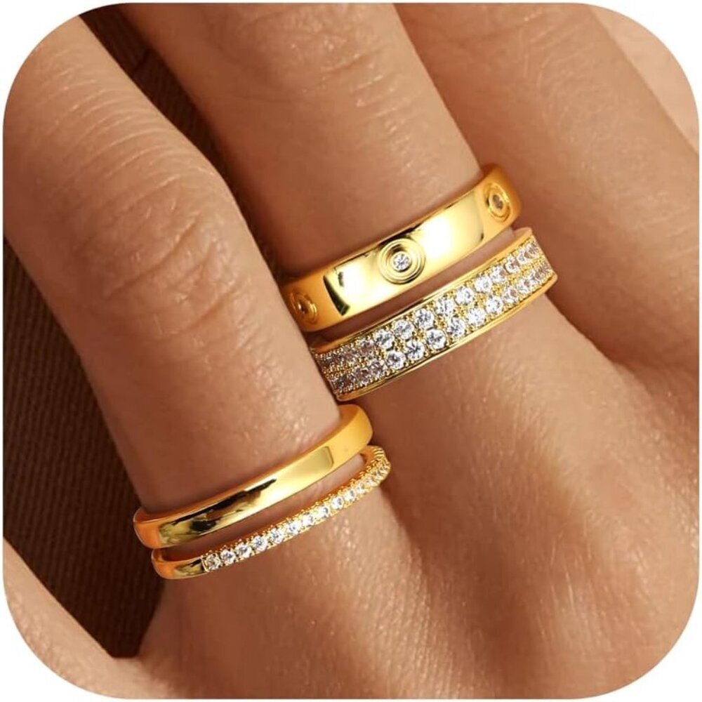 Stackable Gold Rings Copper Cubic Zirconia Dainty Women Jewelry Gift - Picture 1 of 5